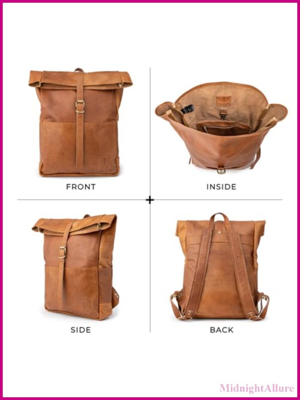 Full Grain Leather Backpack Roll Top Laptop Travel Daypack - Picture 5 of 5